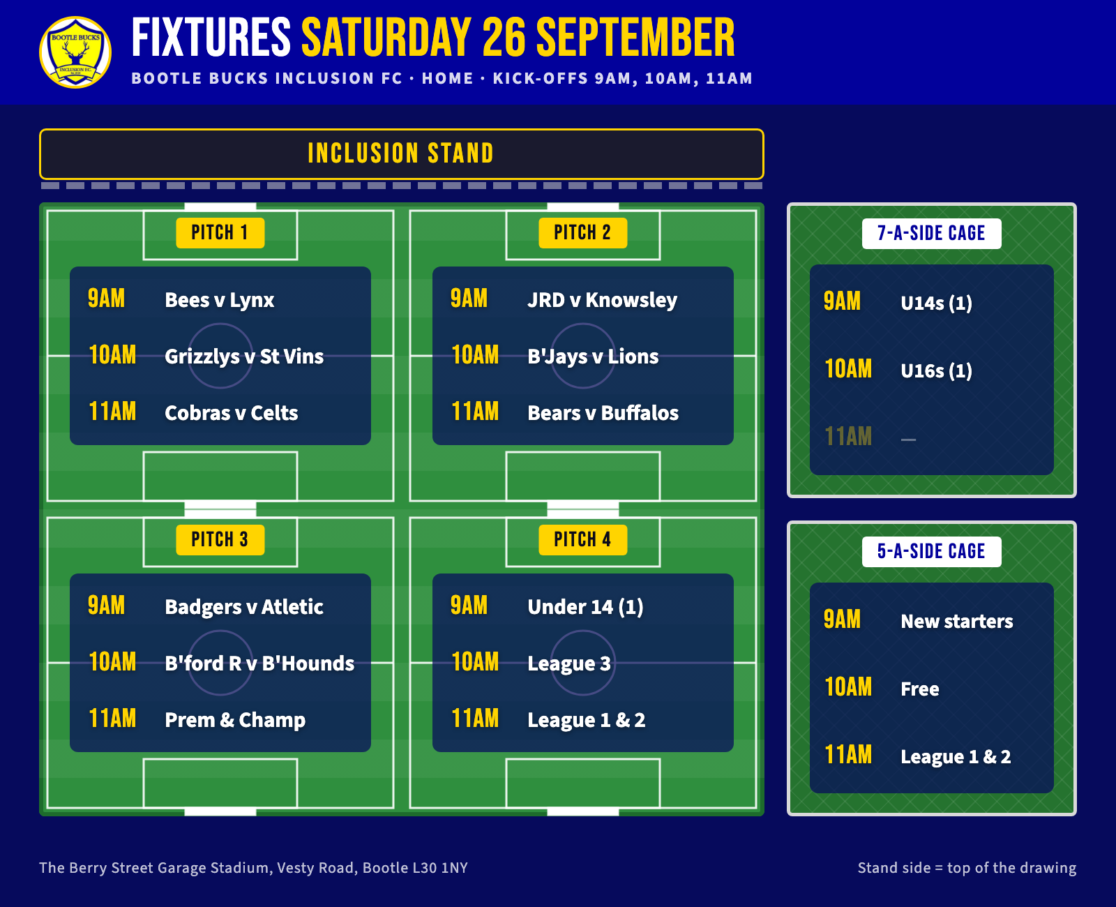 Matchday plan for Saturday 26 September: four pitches and two cages with kick-off times